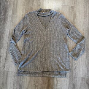 Lush Gray Ribbed V-Neck Top